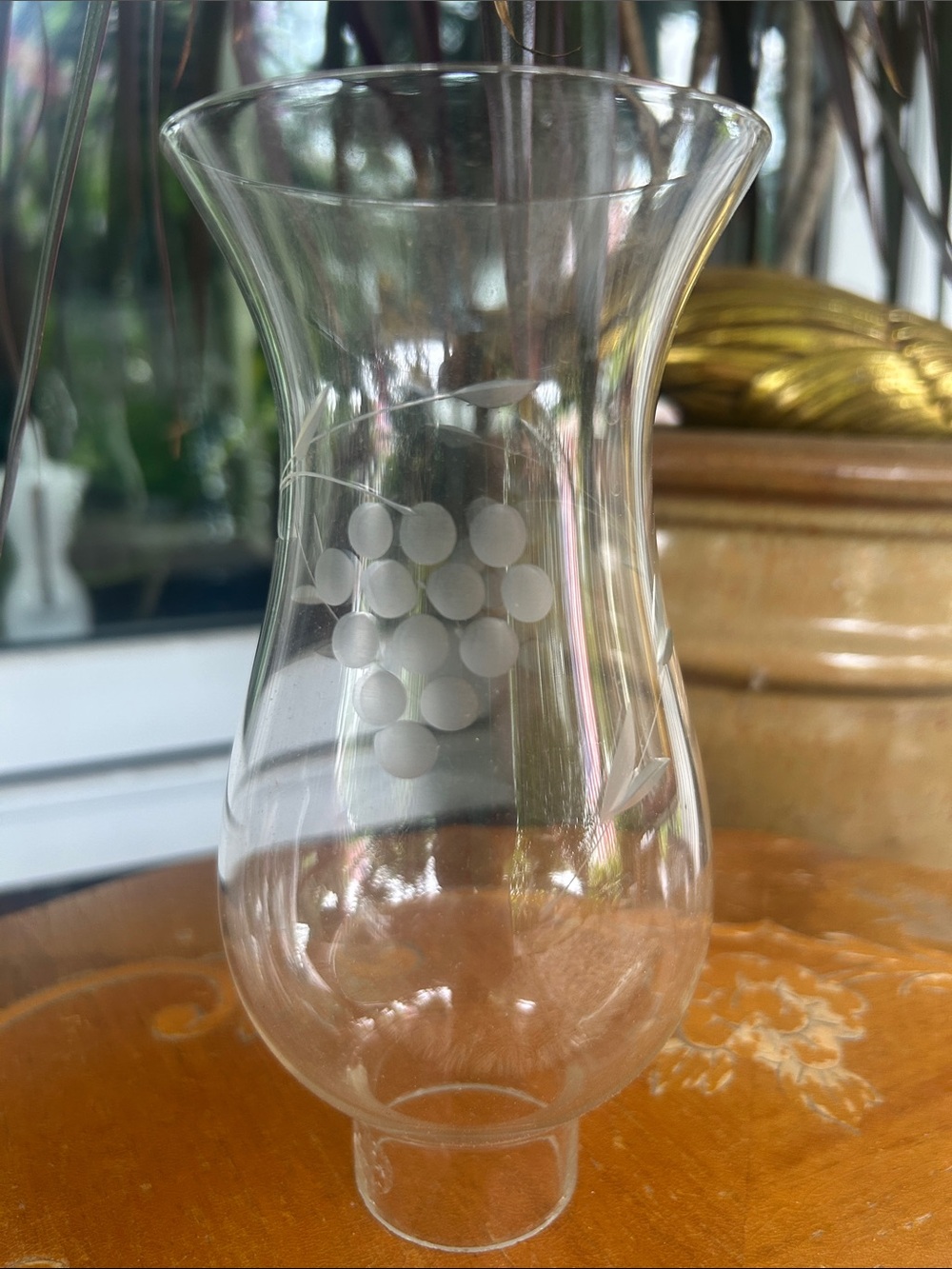 Vintage Clear Etched Glass Hurricane Vase with Grape Motif - - Picture 1 of 9